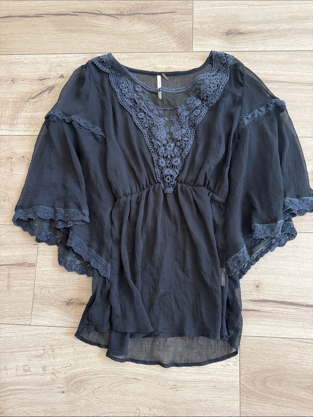 Free People Black Lace-Trim Peasant Blouse